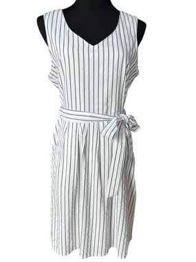 LL Bean Signature Striped Dress 12 Blue White Sleeveless Belted Cotton Pockets